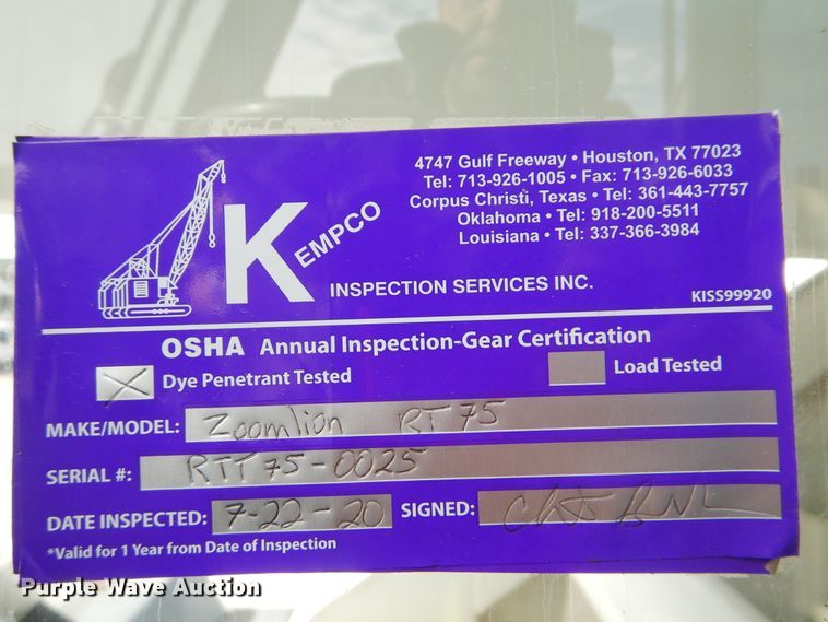 image for item DJ8639 2014 Zoomlion RT75  crane