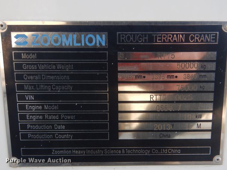 image for item DJ8639 2014 Zoomlion RT75  crane