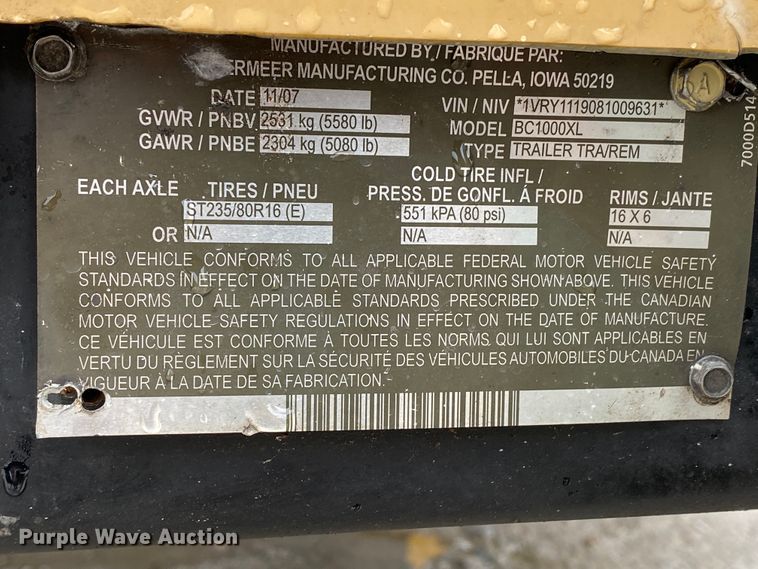 image for item HR9289 2008 Vermeer BC1000XL  wood chipper