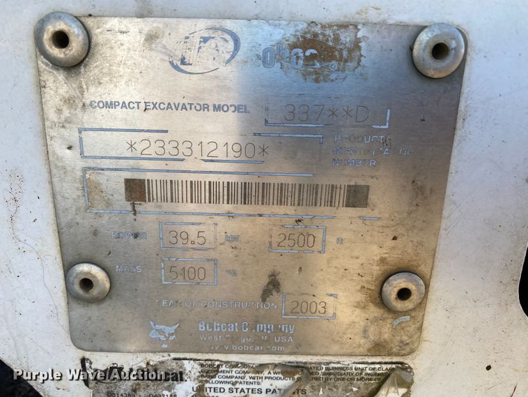 image for item HR9418 2002 Bobcat 337D  mini excavator