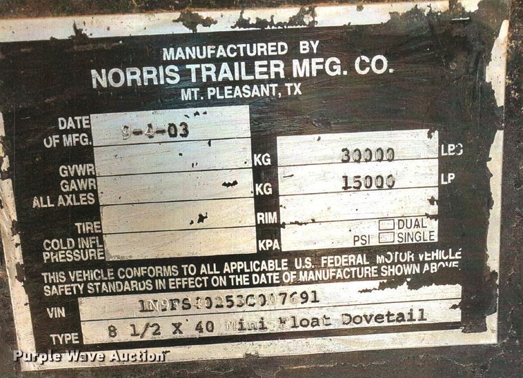 image for item DJ6560 2003 Norris drop deck equipment trailer
