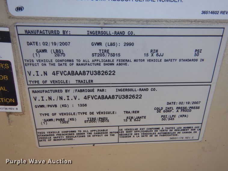 image for item HS9961 2007 Ingersoll Rand P185  air compressor