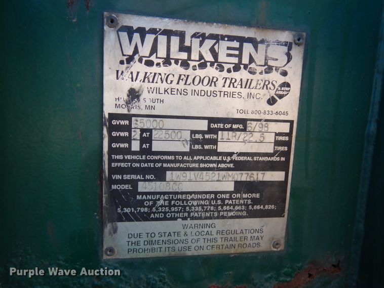 image for item IA9365 1998 Wilkens 45108CC walking floor trailer