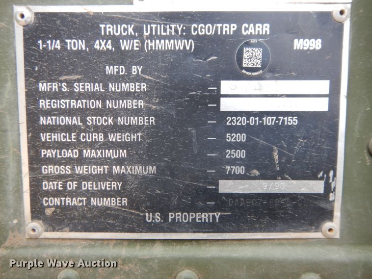 image for item DF6491 1990 Am General M998 Humvee  SUV