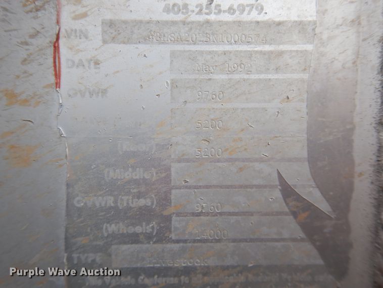 image for item HL9720 1992 Sooner livestock trailer