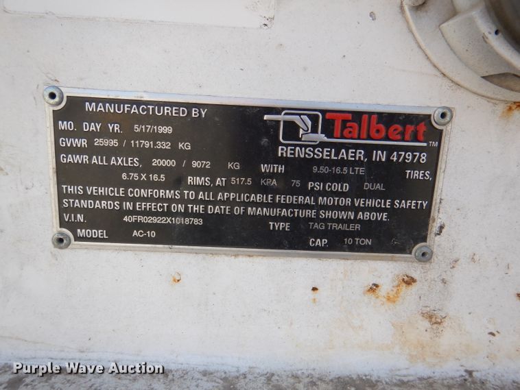 image for item DL4753 1999 Talbert AC10  equipment trailer