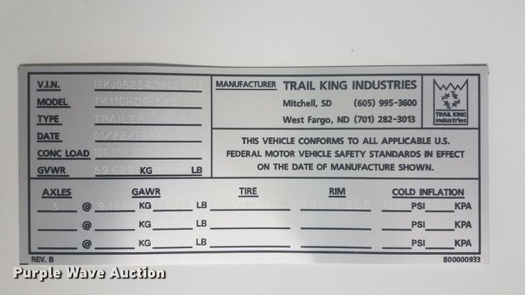 image for item DL4756 1999 Trail King TK110HDG-523 lowboy equipment trailer