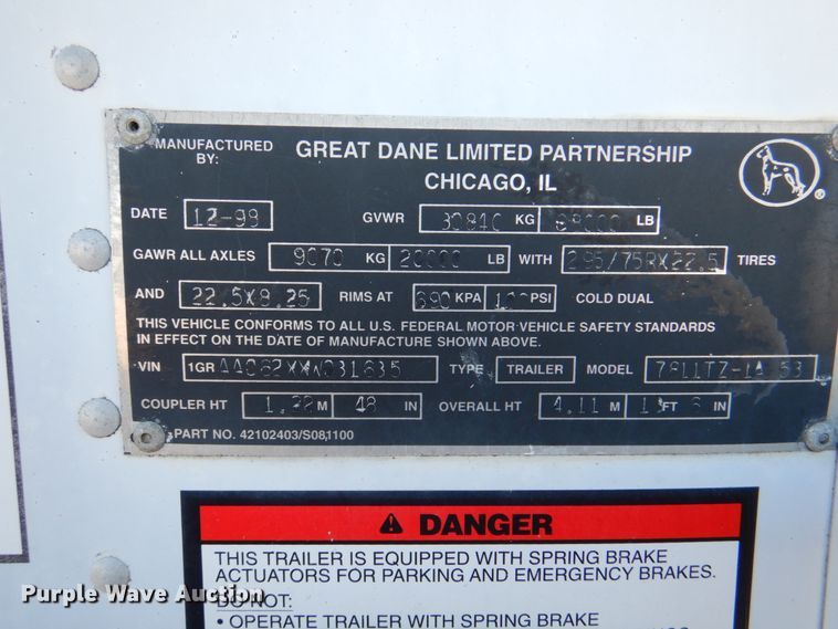 image for item II9758 1999 Great Dane 7811TZ-1A dry van trailer