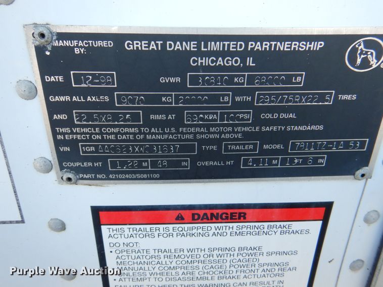 image for item II9762 1999 Great Dane dry van trailer