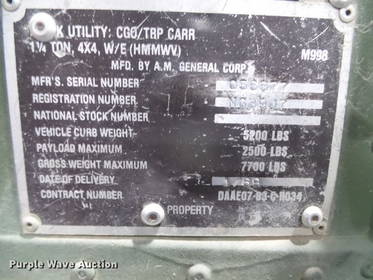 image for item EK9763 1989 Am General M998 Humvee  SUV