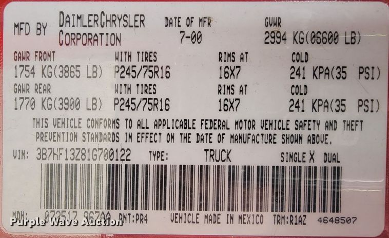 image for item FL9097 2001 Dodge Ram 1500  Quad Cab pickup truck