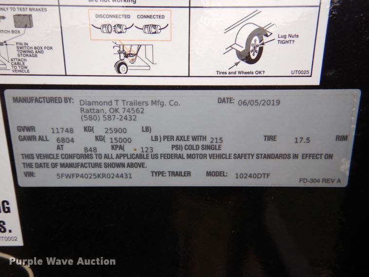 image for item DJ0402 2019 Diamond T 10240DTF equipment trailer