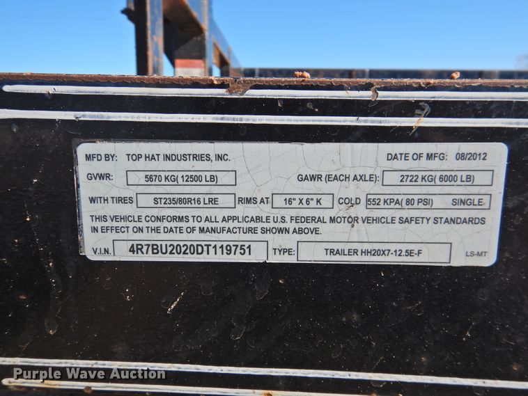 image for item DJ8342 2013 Top Hat HH20X7-12.5E-F  utility trailer