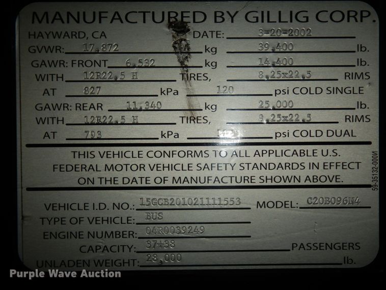 image for item DM2863 2002 Gillig C20B096N4  coach bus