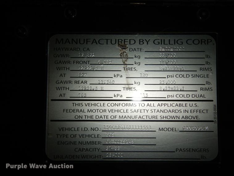 image for item DM2863 2002 Gillig C20B096N4  coach bus