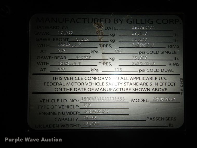 image for item DM2863 2002 Gillig C20B096N4  coach bus