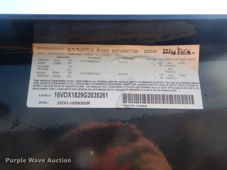 image for item HG9689 2016 Big Tex 25DU-18BK8SIR dump trailer