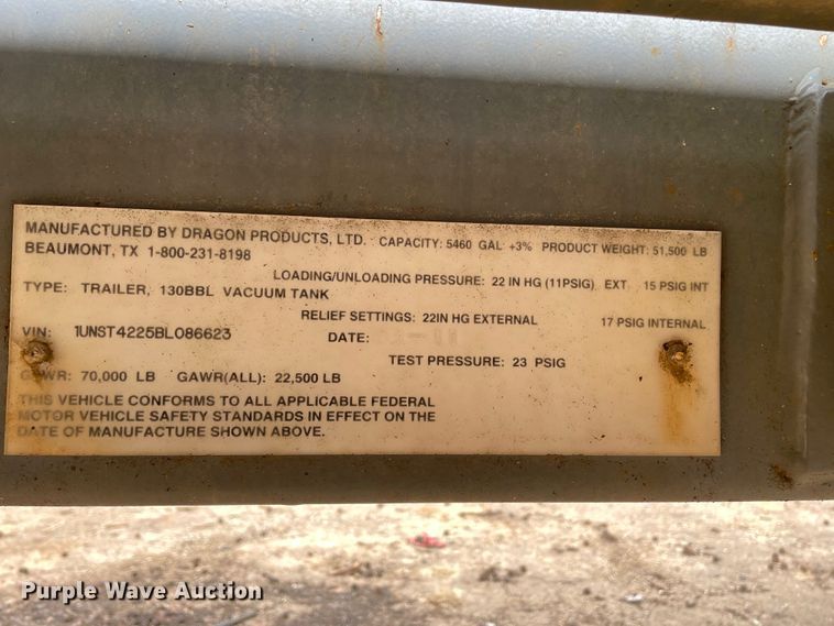 image for item DM2869 2011 Dragon 130BBL vacuum trailer