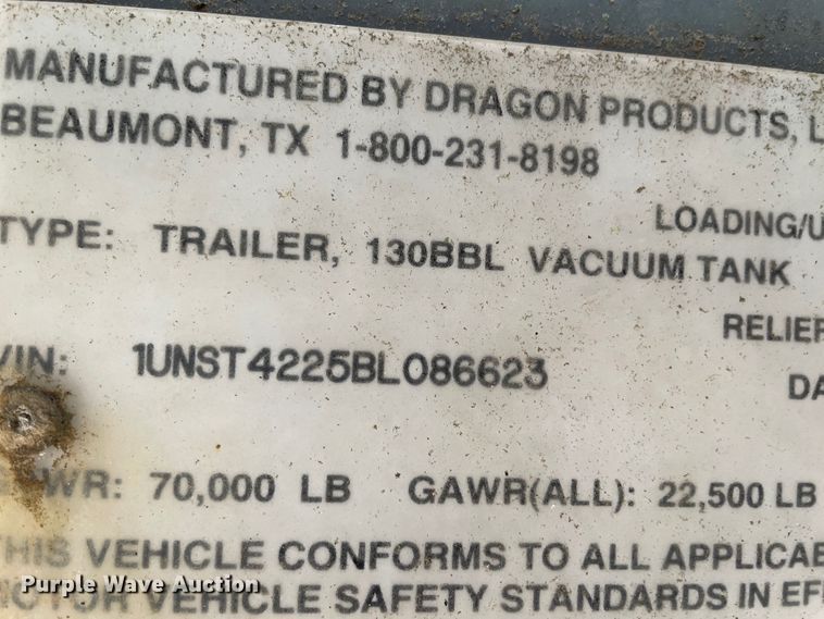 image for item DM2869 2011 Dragon 130BBL vacuum trailer
