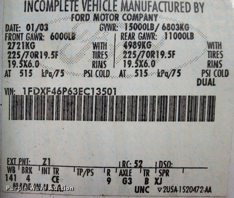 image for item FL9119 2003 Ford F450 Super Duty  truck cab and chassis