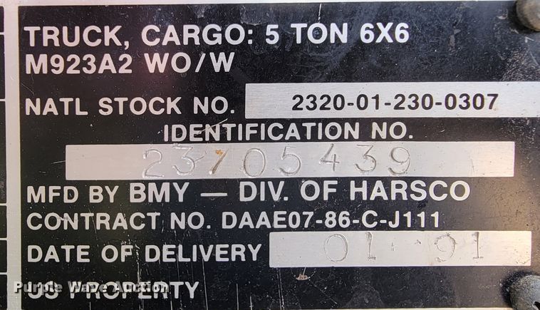 image for item FL9188 1991 BMY M923A2  flatbed truck