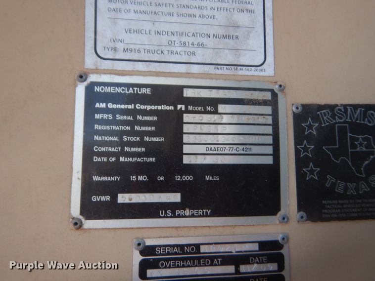 image for item HG9514 1981 Am General M916  truck cab and chassis