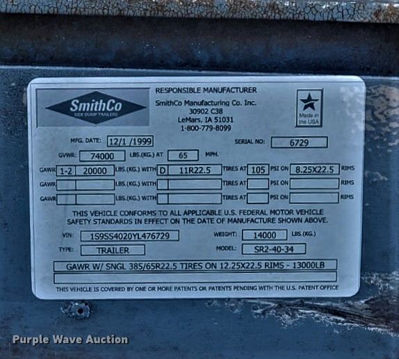 image for item IY9516 2000 Smith Co side dump trailer