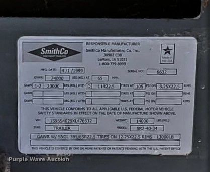 image for item IY9517 1999 Smith Co side dump trailer