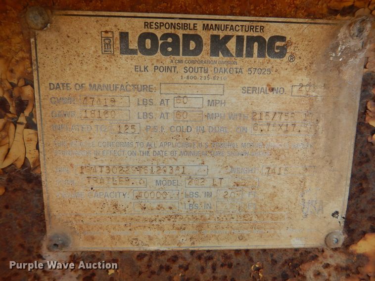 image for item HE9594 1996 Load King 202LT equipment trailer