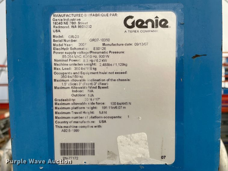 image for item II9384 2007 Genie GR20  vertical lift