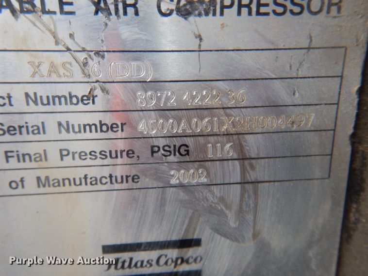 image for item II9929 2002 Atlas Copco XAS96  air compressor