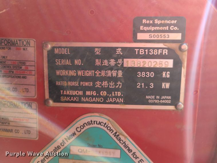 image for item IQ9096 2008 Takeuchi TB138FR  mini excavator