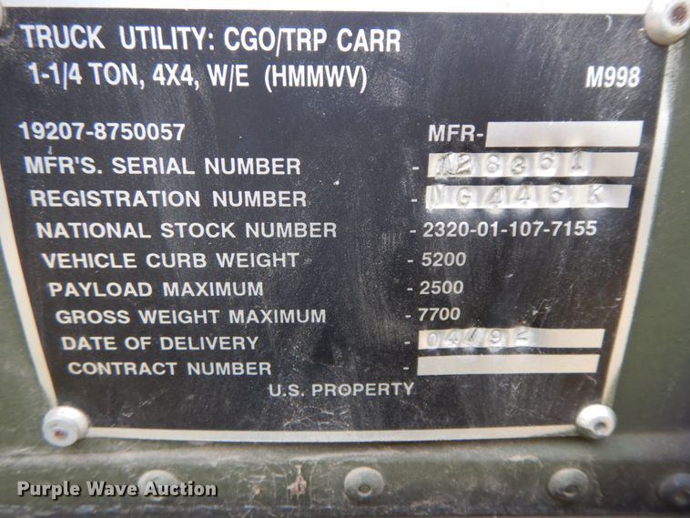 image for item HJ9711 1991 Am General Humvee  SUV