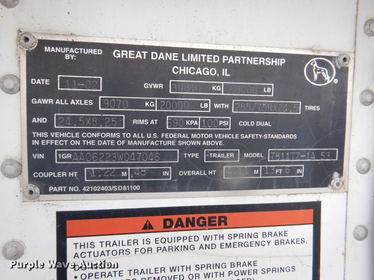 image for item DL2819 2003 Great Dane 7811TZ-1A 53  refrigerated van trailer