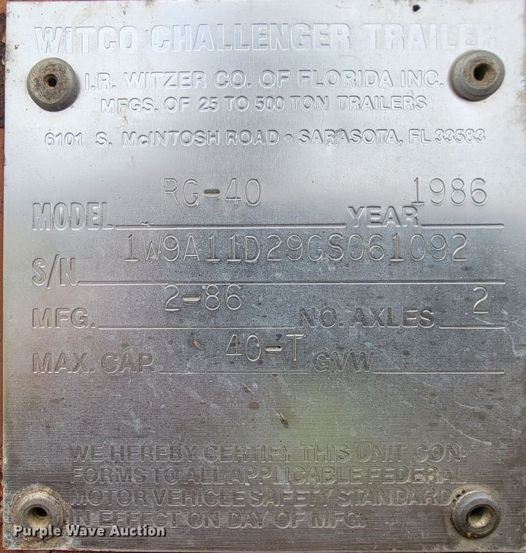 image for item FL9217 1986 Witco Challenger RG-40  lowboy equipment trailer