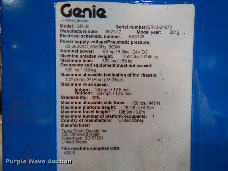 image for item HR9217 2012 Genie GR-20  vertical lift