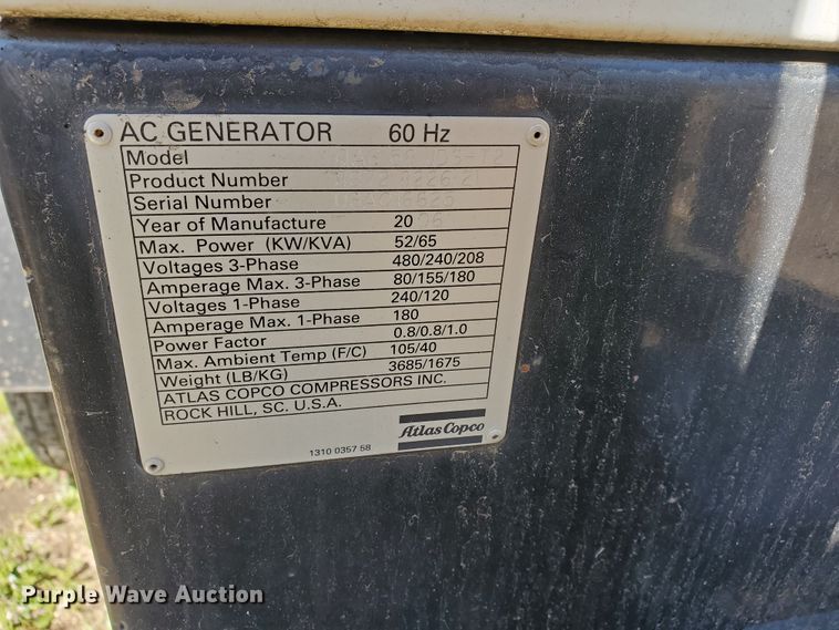 image for item IX9238 2006 Atlas Copco QAS 58 JDS-T2  generator