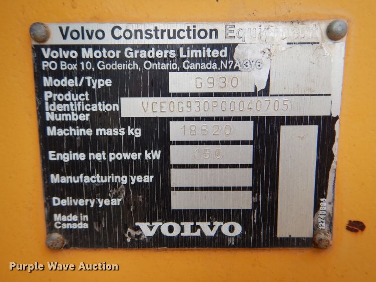 image for item DJ8738 2007 Volvo G930  motor grader