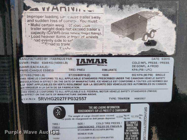 image for item DK4783 2015 Lamar  equipment trailer