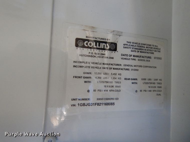 image for item ET9178 2002 Chevrolet Express G3500  school bus