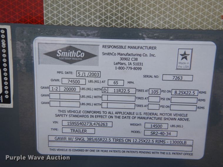 image for item IY9685 2003 Smith Co  side dump trailer