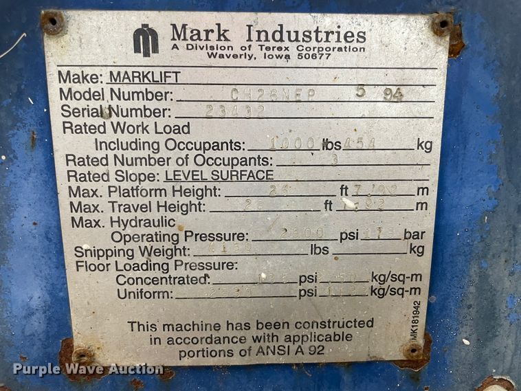 image for item IR9872 1994 Clarklift CH26NEP  scissor lift