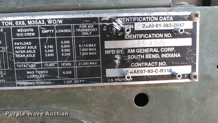 image for item DC2137 1993 Am General M35A3  flatbed truck