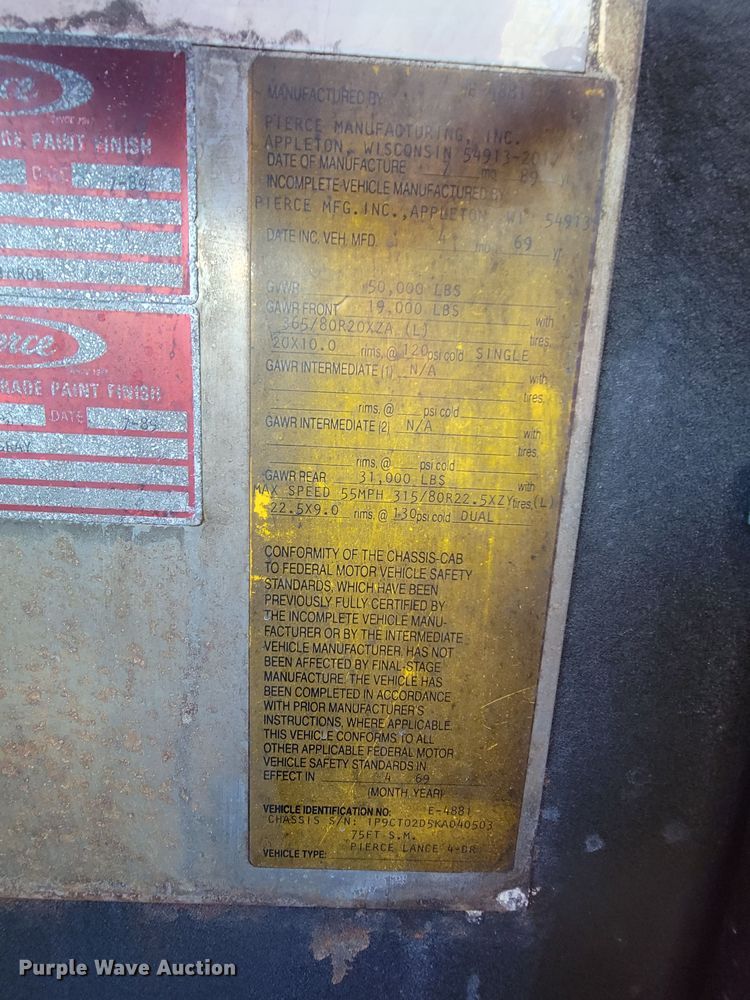 image for item IF9747 1989 Pierce  ladder fire truck