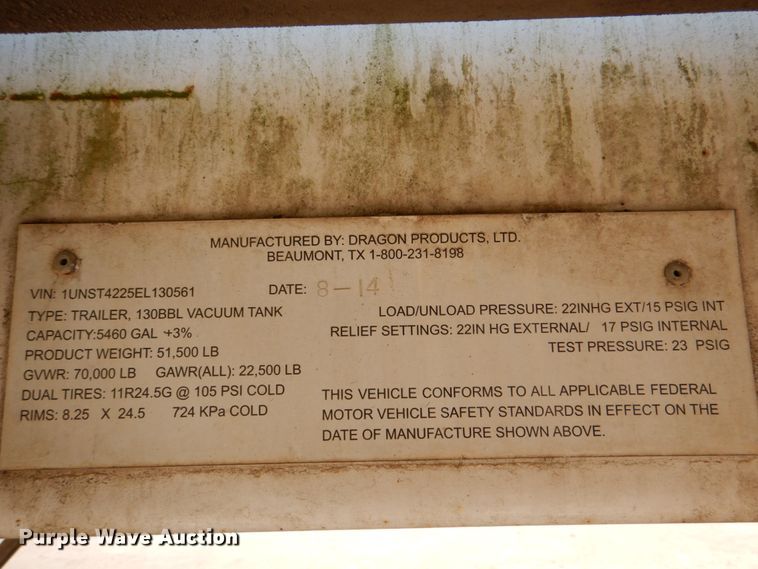 image for item DJ0775 2014 Dragon 130BBL  vacuum trailer