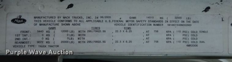 image for item DM2953 2006 Mack CXN612  truck cab and chassis