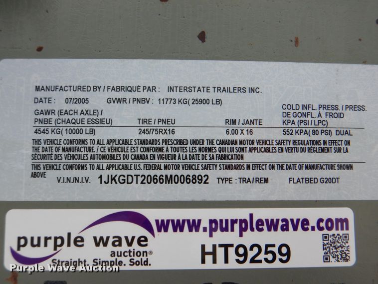 image for item HT9259 2005 Interstate Trailers G20DT  equipment trailer