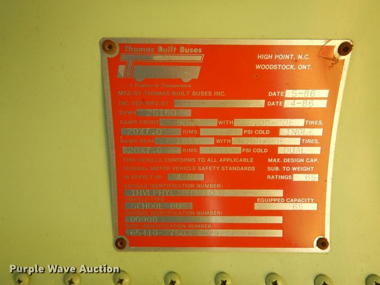 image for item IA9777 1986 Thomas Built  school bus