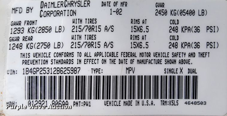 image for item IF9752 2002 Dodge Caravan  van