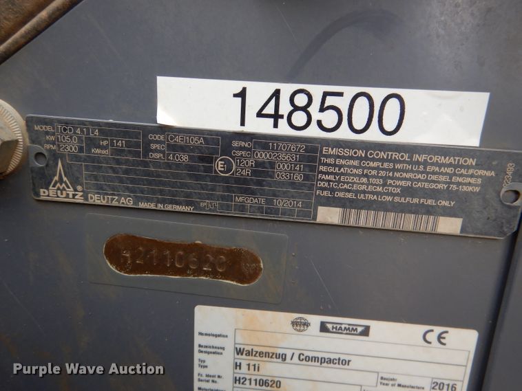 image for item DL8837 2016 Hamm H11I  single drum vibratory roller